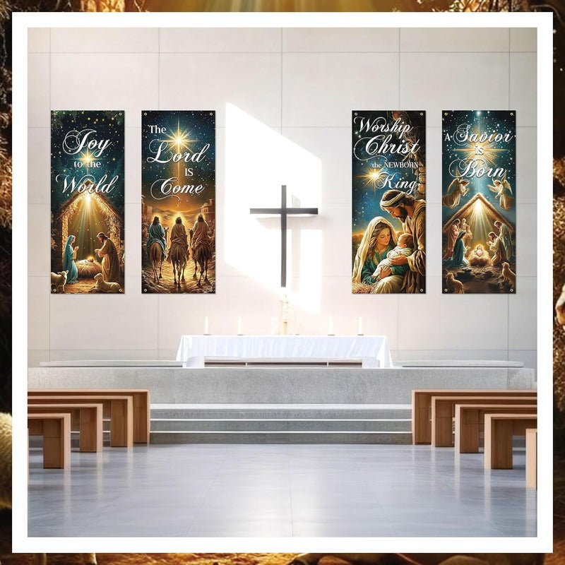FuWeave 4 Pcs Nativity Scene Church Banners with Scripture for Sanctuary Wall, Jesus' Birthday Scene Christian Xmas Religious Hanging Sign Banner for Christmas, Church Event, Communal Prayers - Image 5